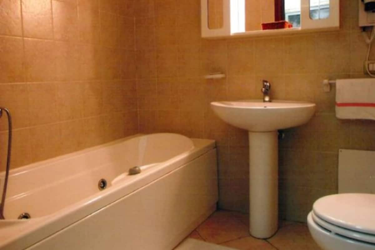 hair dryer, bidet, towels, soap