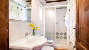 Shower, free toiletries, hair dryer, bidet