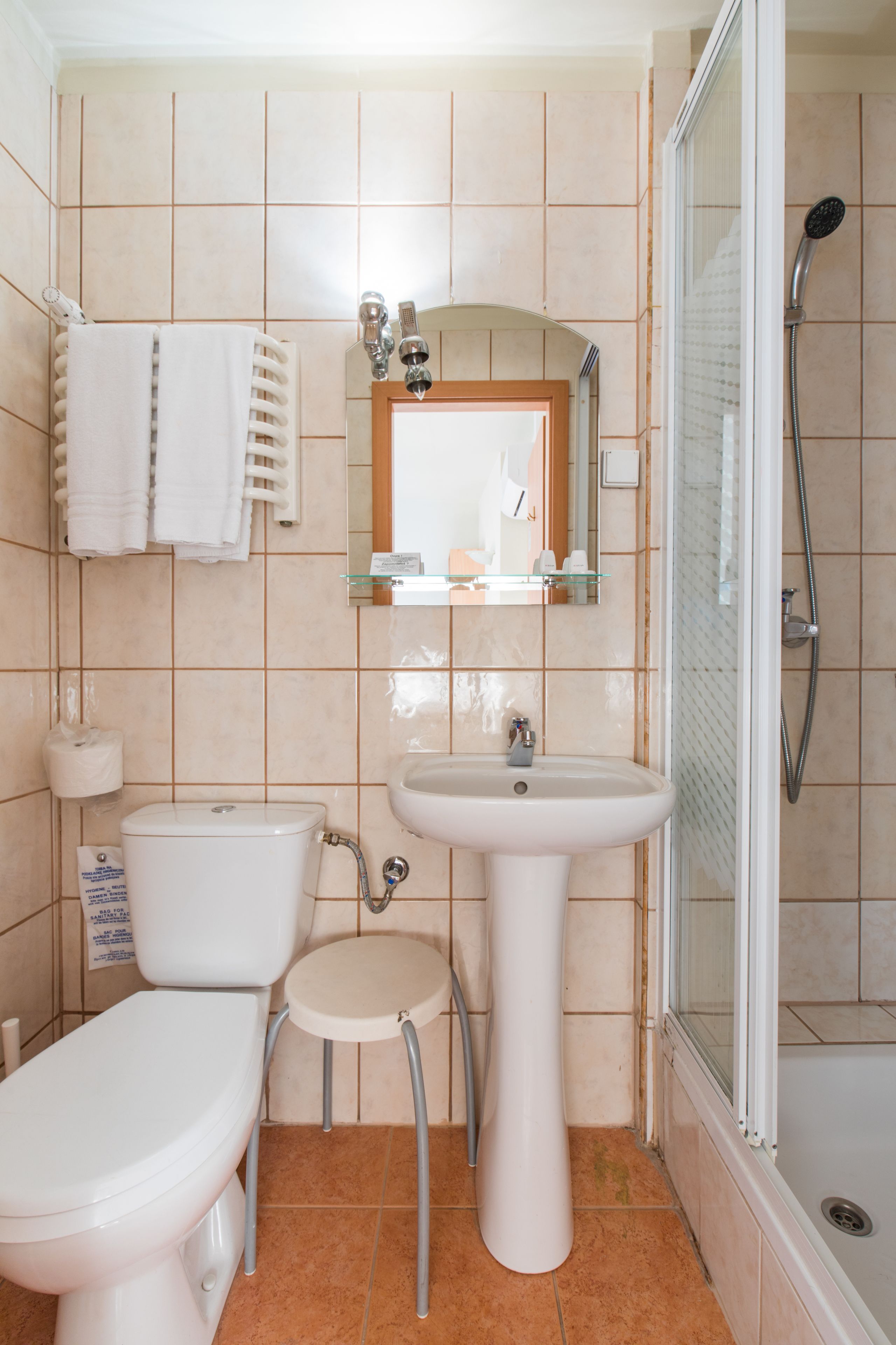 single room | bathroom | shower, hair dryer, towels