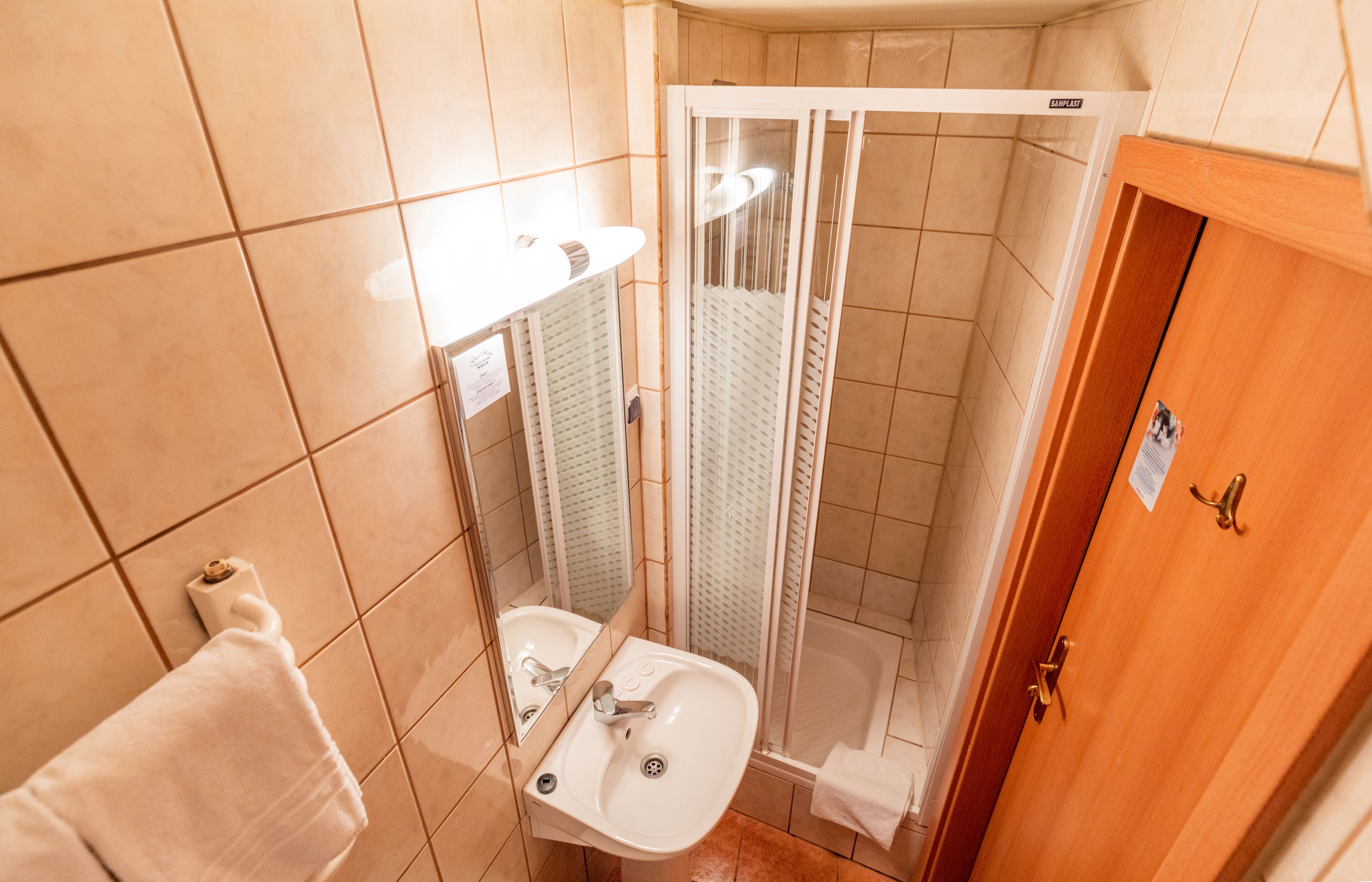 Une salle de bain avec un lavabo, un miroir, une douche et une porte en bois.