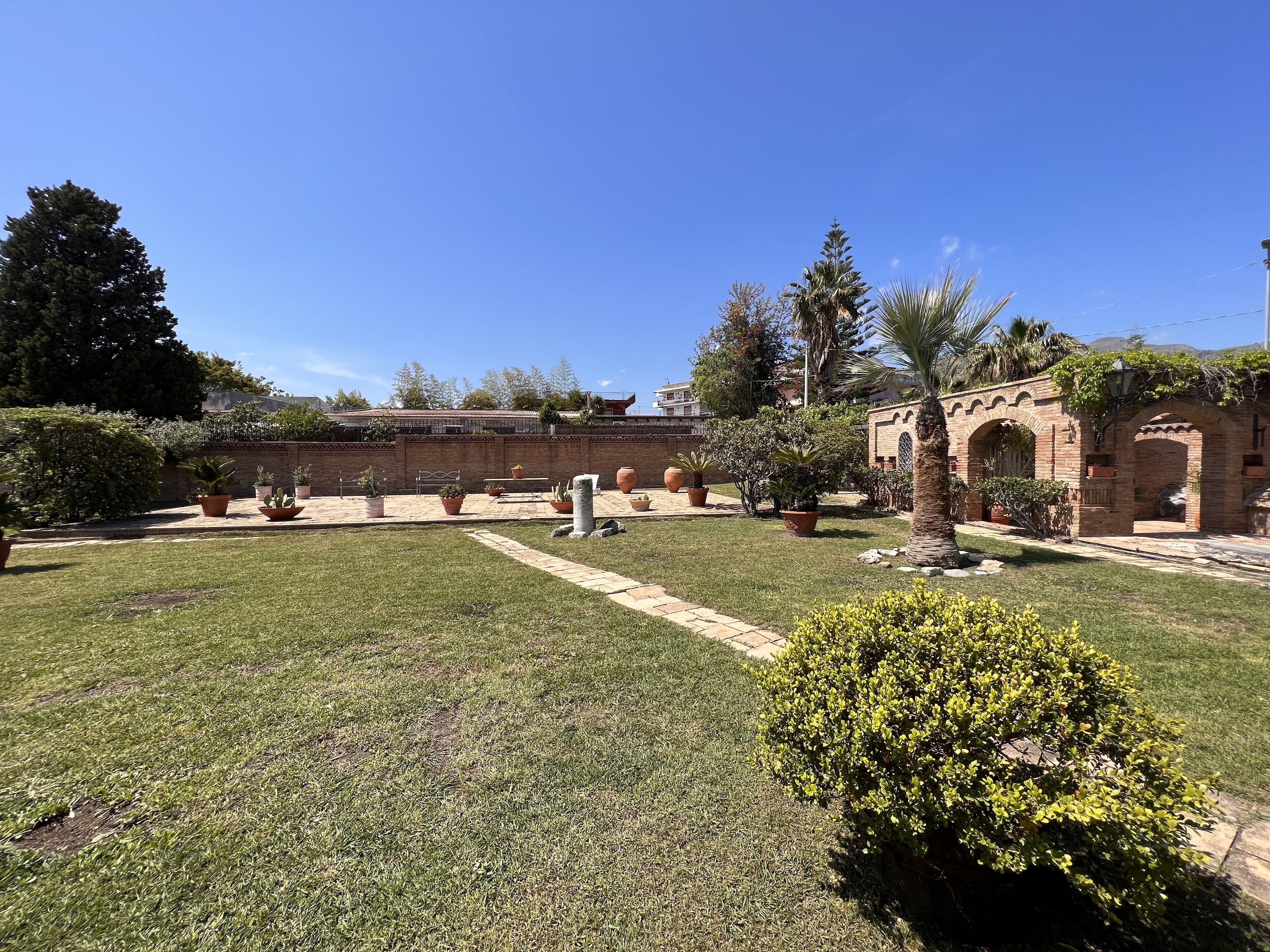 A courtyard with a brick wall, potted plants, and a palm tree.