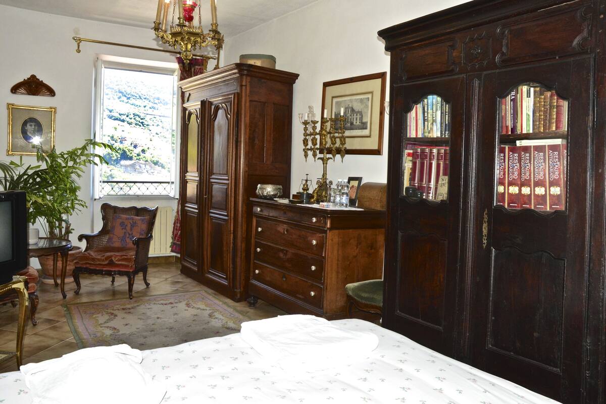 Een kamer met een bed, houten meubels, een kroonluchter, een boekenkast en een raam met uitzicht op een heuvel.