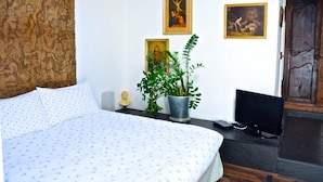 Een slaapkamer met een bed, een televisie, een plant en kunst aan de muur.