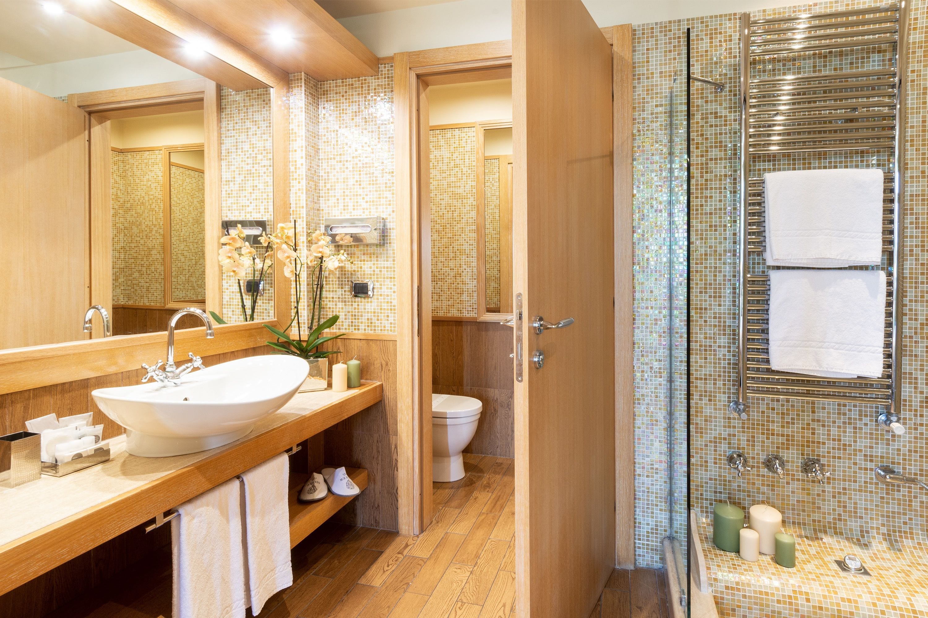 hair dryer, bidet, towels, soap