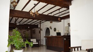 Uma área de recepção com balcão de madeira, uma cadeira branca e um vaso de planta.