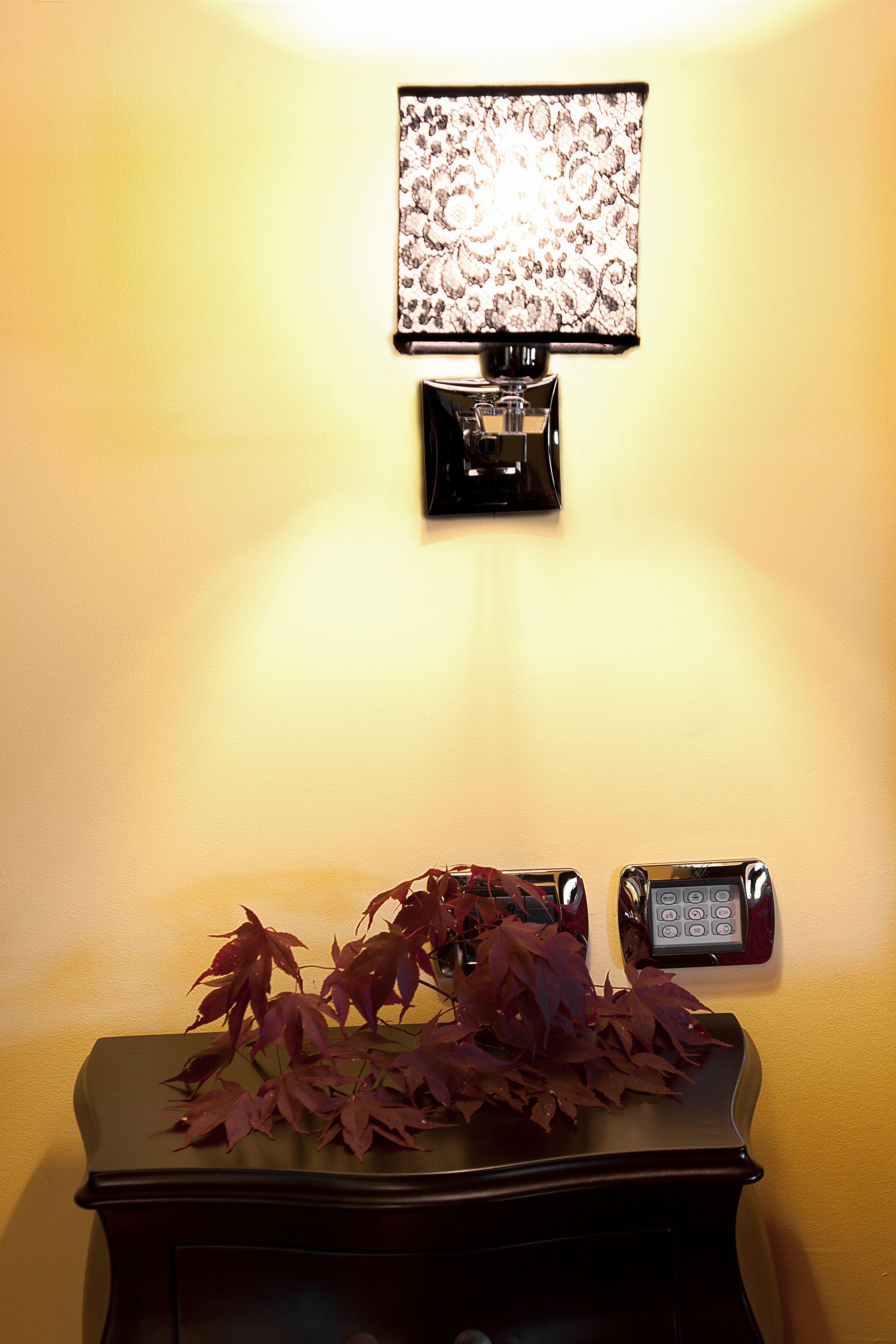 A wall-mounted lamp with a floral pattern, a telephone, and a decorative plant on a dark surface.