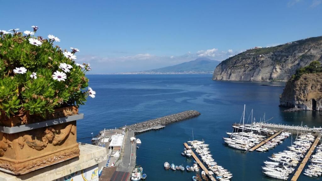 A marina with boats docked, a rocky coastline, and a clear view of the sea.