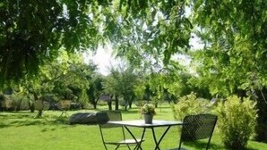 Un área de estar al aire libre con una mesa y sillas, rodeada de exuberante follaje y árboles.