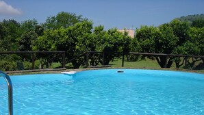 Una piscina azul cristalina con una valla de madera y árboles al fondo.