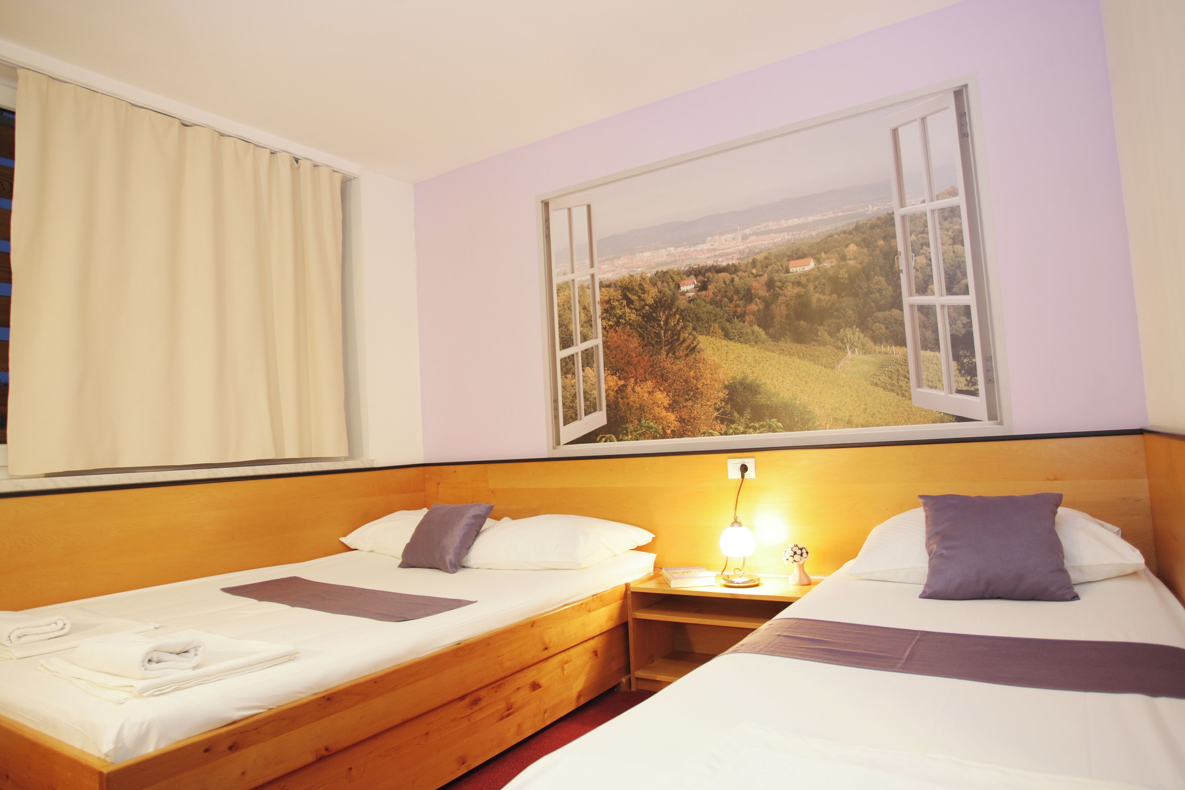 Een hotelkamer met twee bedden, een houten hoofdbord, een nachtkastje met een lamp en een groot raam met een mooi uitzicht.