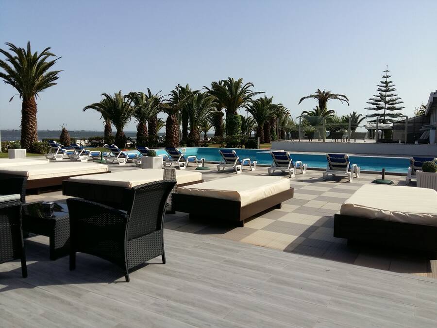 Outdoor pool, sun loungers