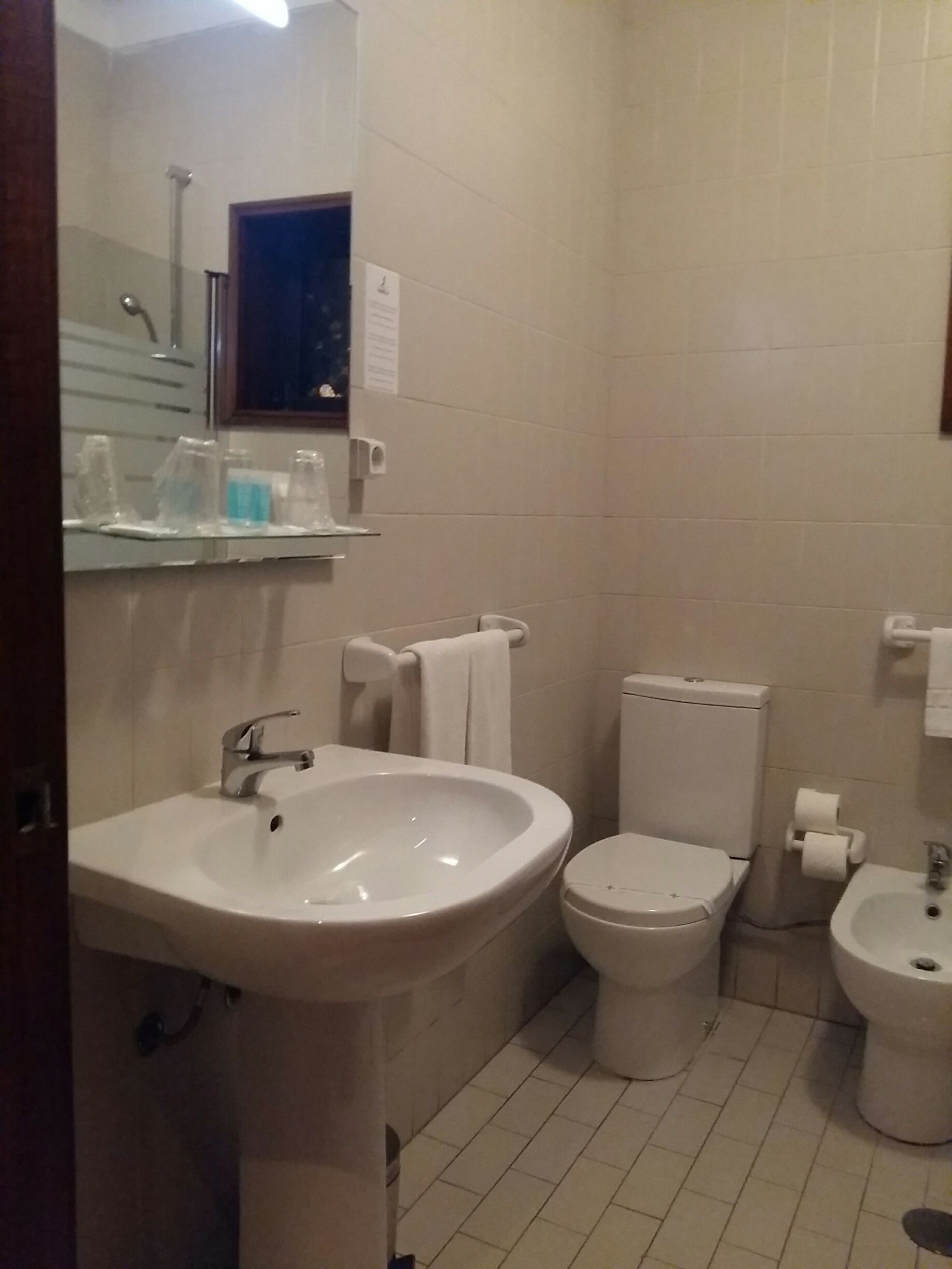 A bathroom with a sink, toilet, bidet, and a mirror.