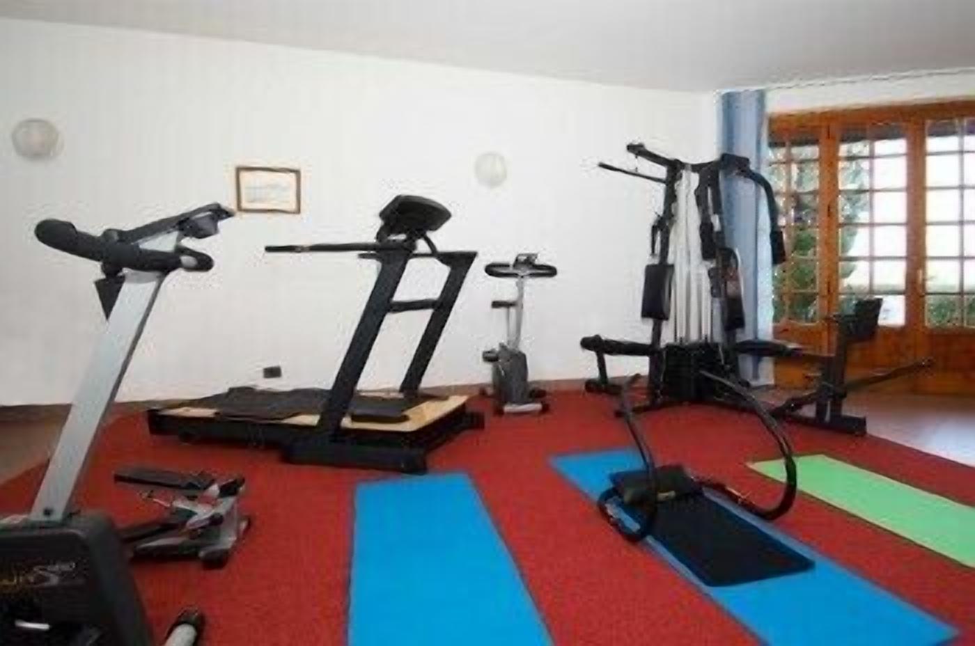 Een fitnessruimte met loopbanden, elliptische trainers en gewichttoestellen.