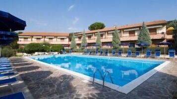 Außenpool, Sonnenschirme, Liegestühle