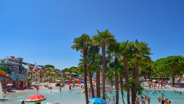 A beach with palm trees, umbrellas, and a water park. - Union Lido Art & Park Hotel (Cavallino-Treporti)