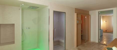 A modern bathroom with a glass-enclosed shower, a separate toilet stall, and a vanity with a mirror.