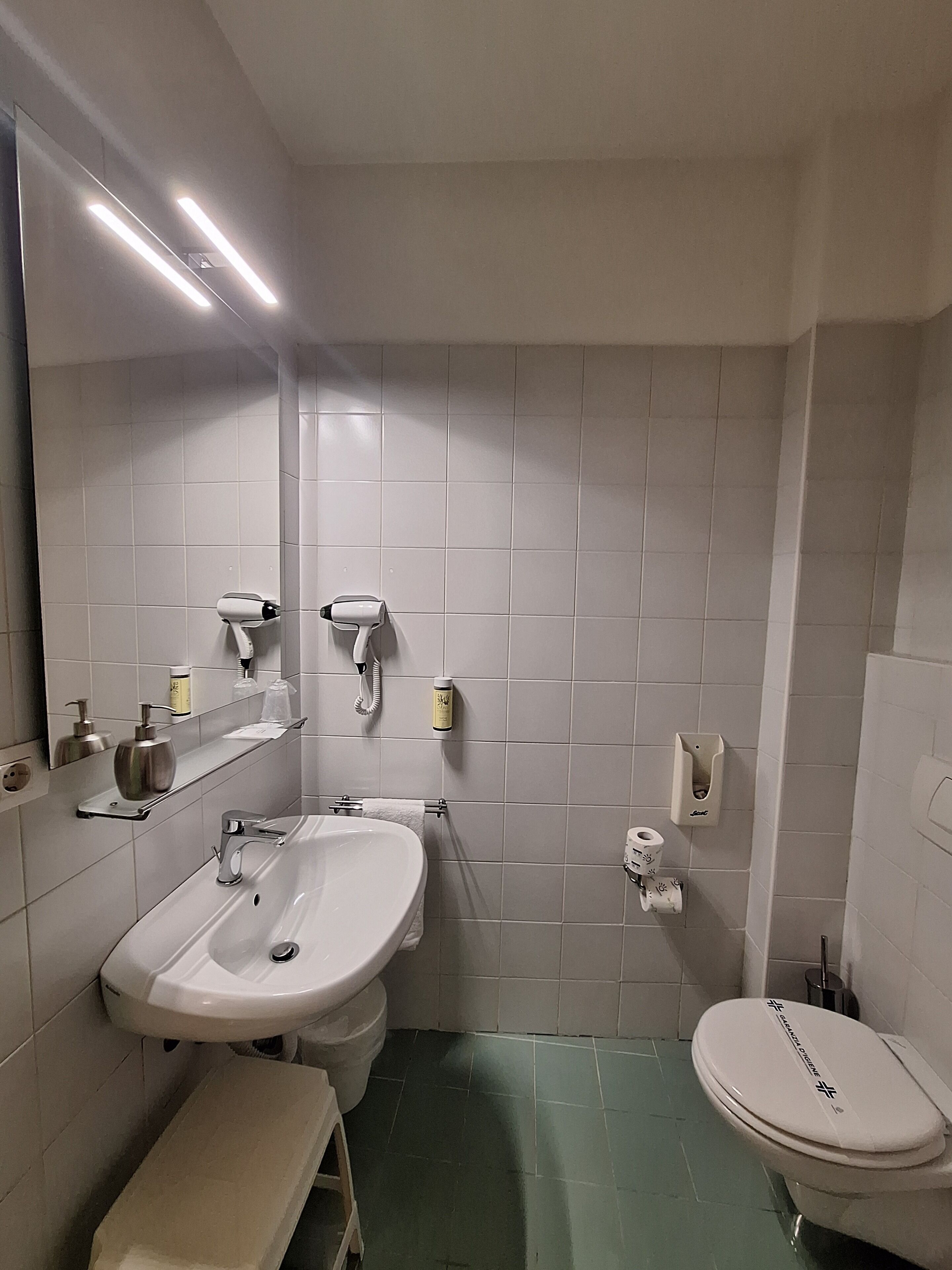 A bathroom with a sink, mirror, toilet, and a shelf with toiletries.