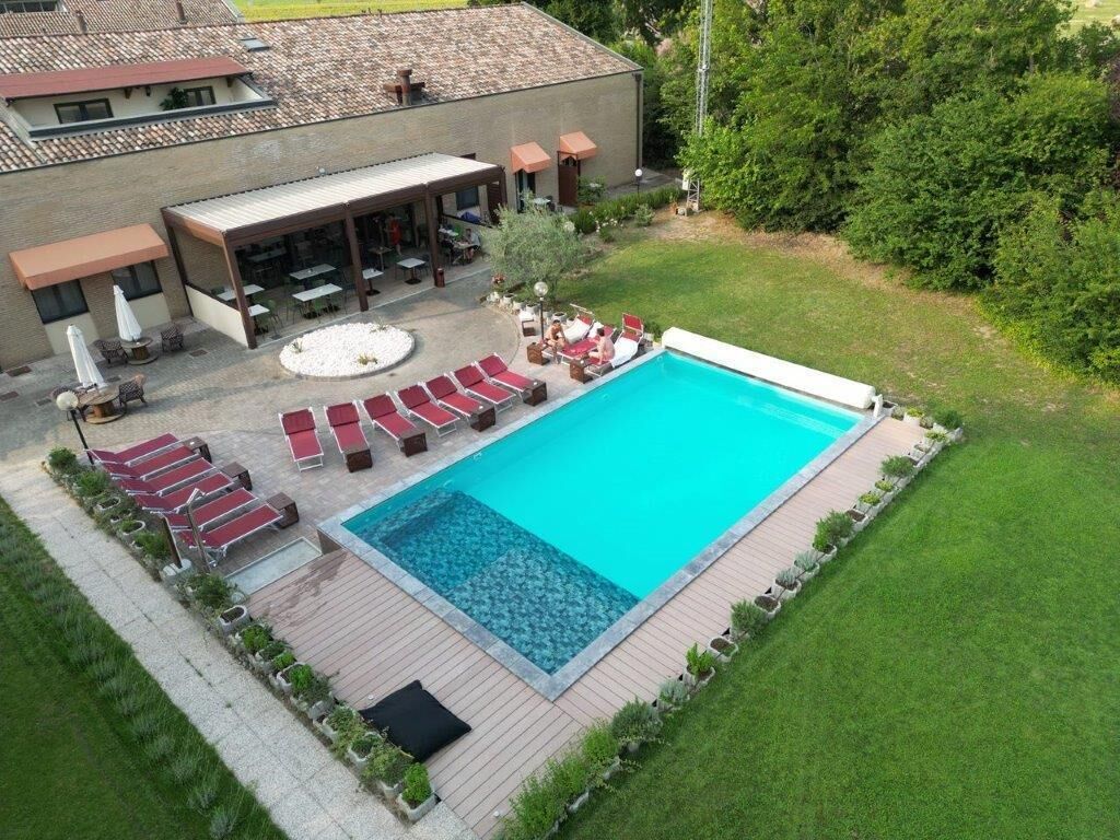 Une piscine avec des chaises longues, un patio couvert et une pelouse.