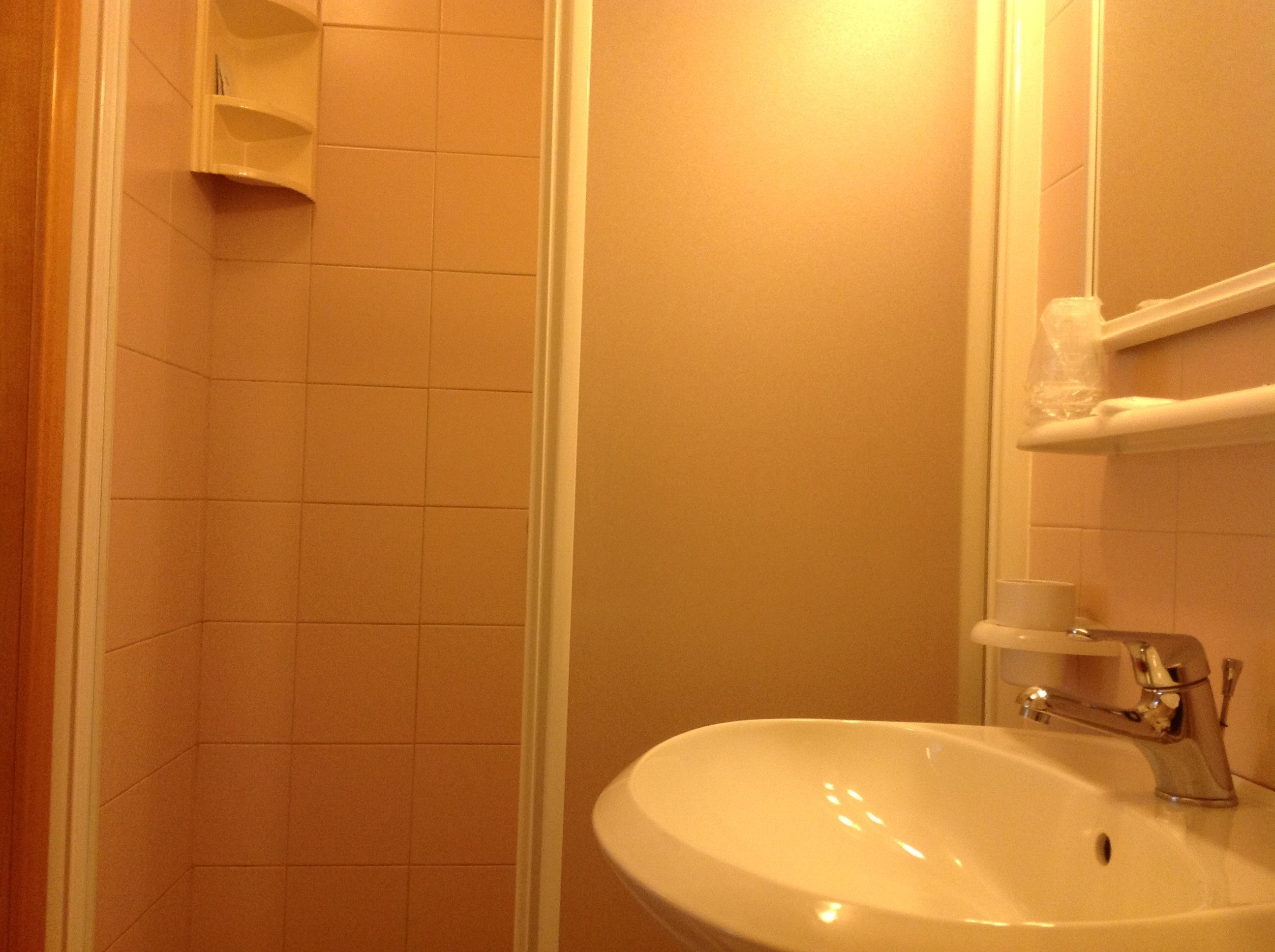 A bathroom with a white sink, a mirror, and a shower area.