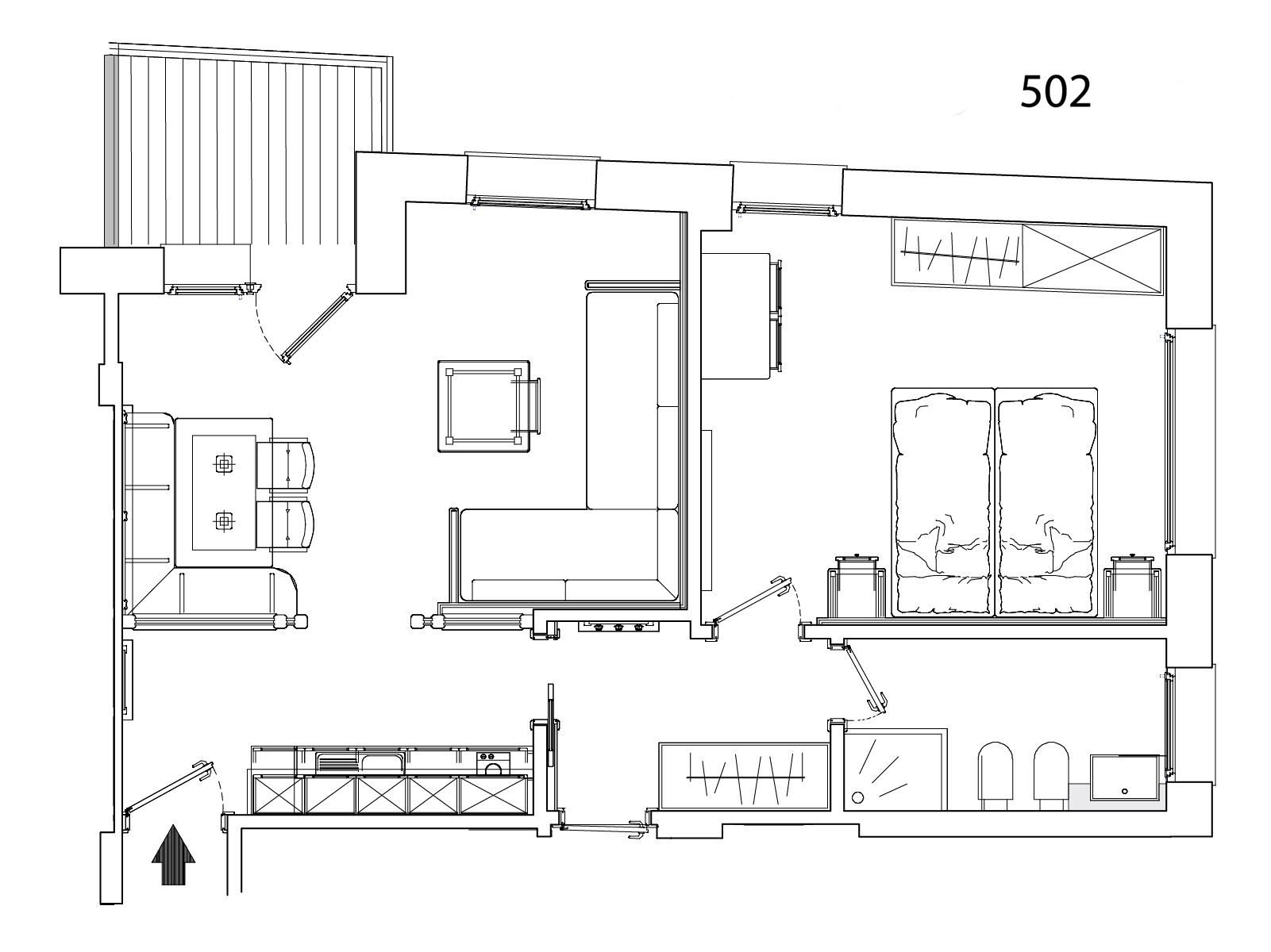 A floor plan of a hotel with a central lobby, multiple rooms, and a dining area.