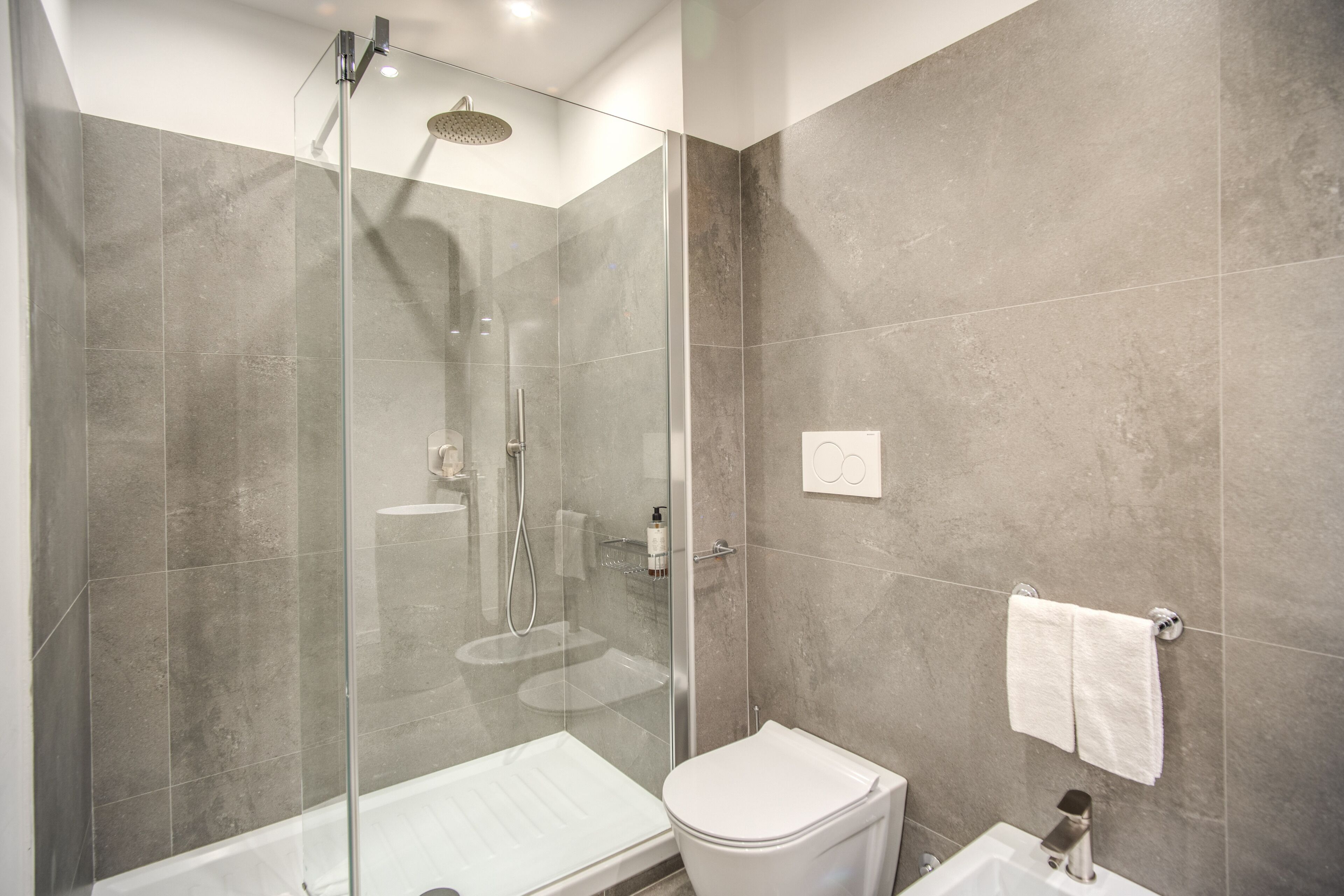 Un baño moderno con ducha envuelta en vidrio, inodoro blanco y lavamanos con espejo.