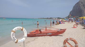 Una playa con boyas salvavidas, un bote de rescate y gente nadando.