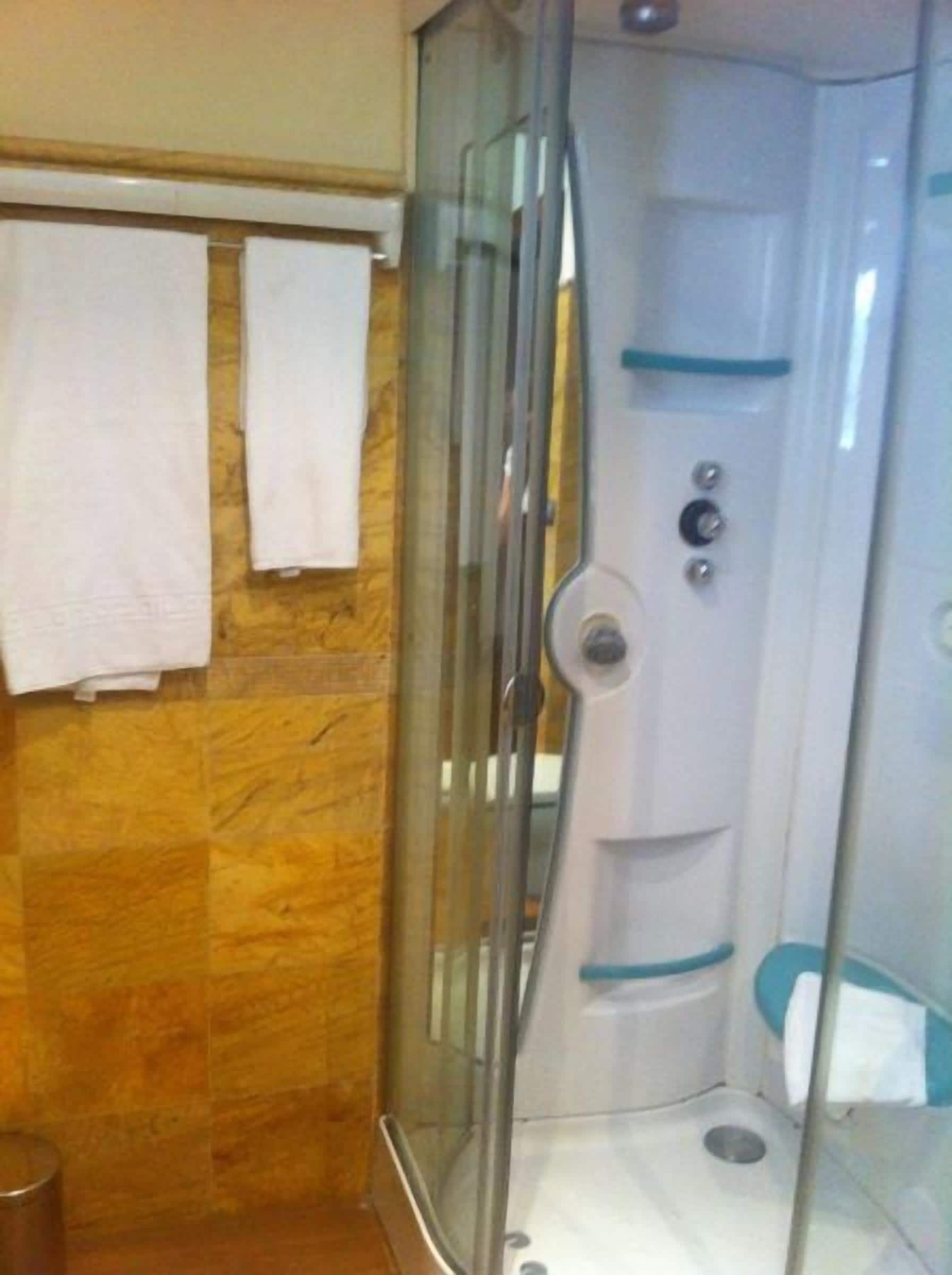 Ein modernes Badezimmer mit Duschkabine aus Glas, Holzvertäfelung und einem Handtuchhalter mit zwei weißen Handtüchern.