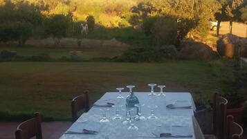 Mesa de comedor exterior con sillas, una botella y vasos, con vista a una zona verde con árboles y una colina distante.