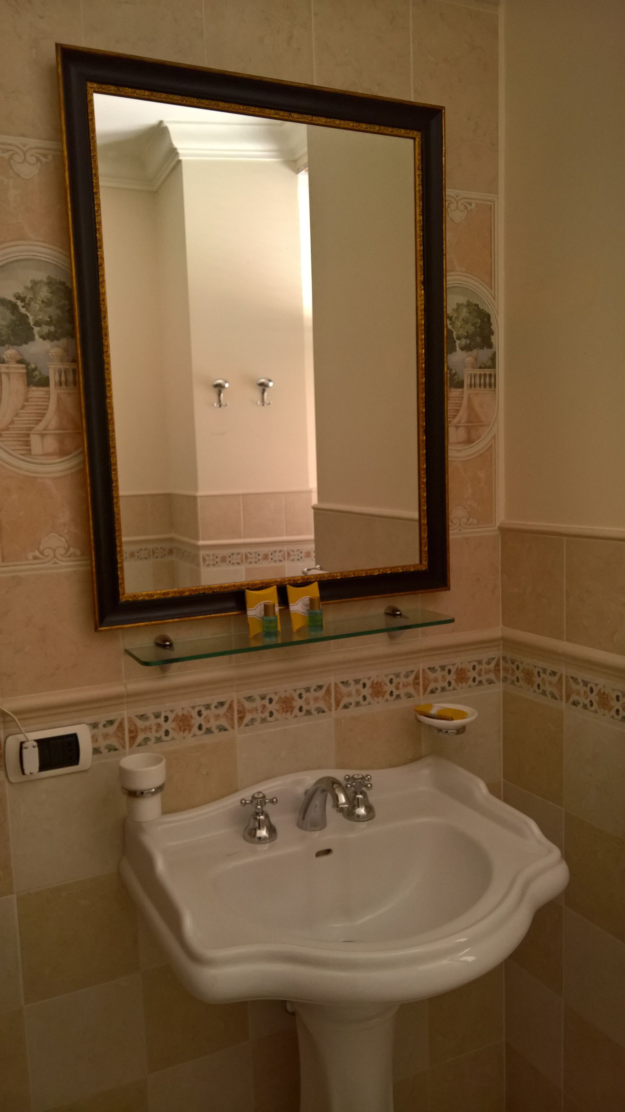 A bathroom with a white sink, a mirror with a gold frame, and a glass shelf below the mirror.