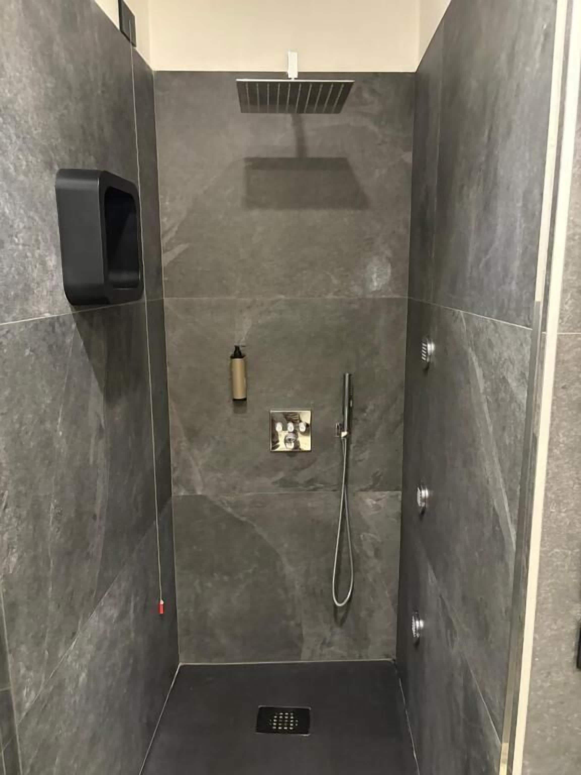 A modern shower stall with a handheld showerhead, a handheld soap dispenser, and a control panel.