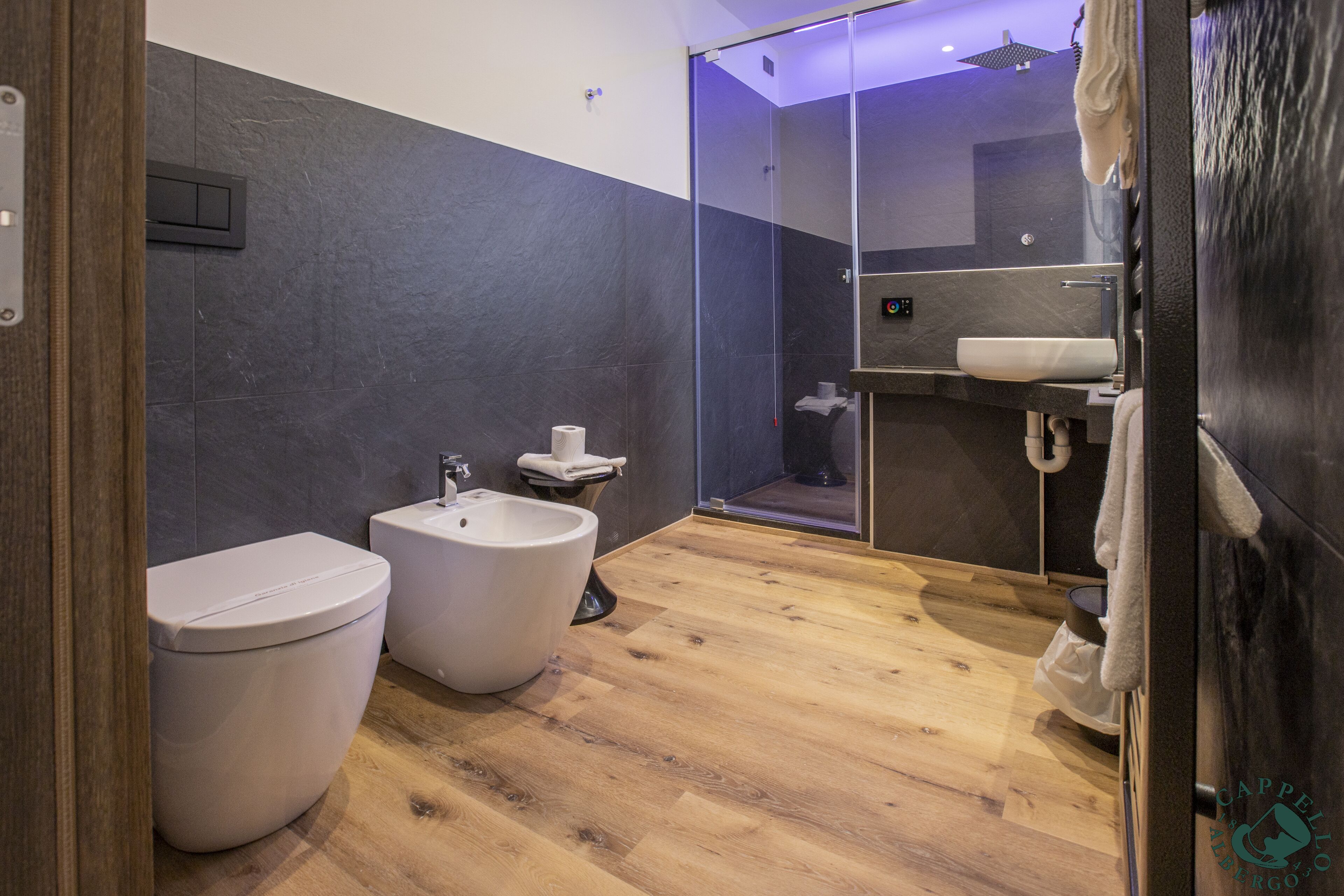 A modern bathroom with a wooden floor, a bidet, a toilet, and a glass-enclosed shower area.