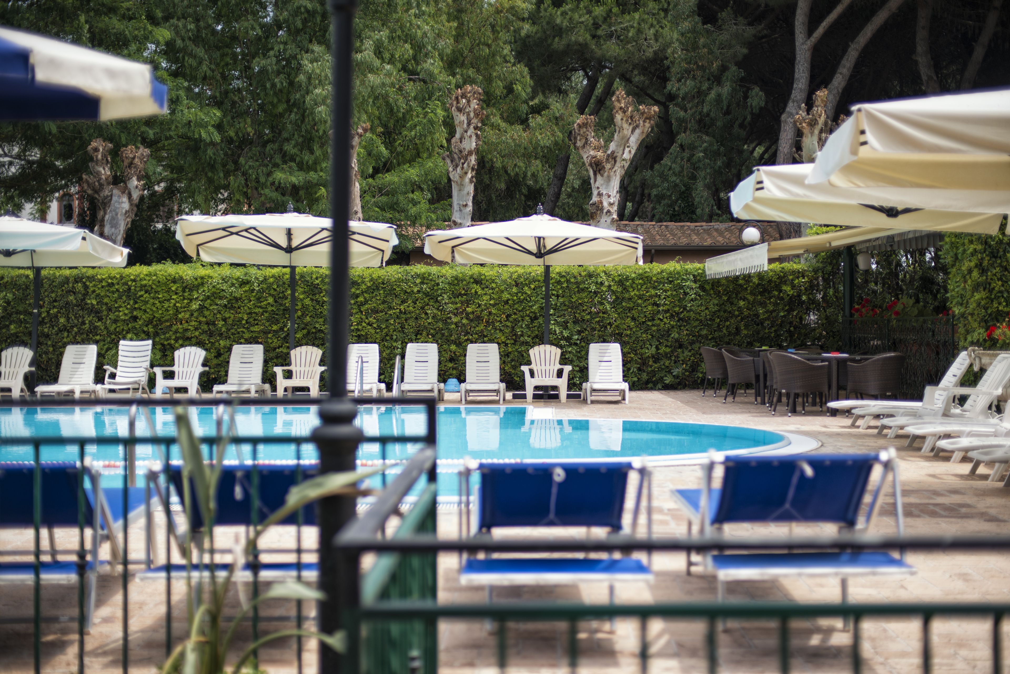 outdoor pool, pool loungers