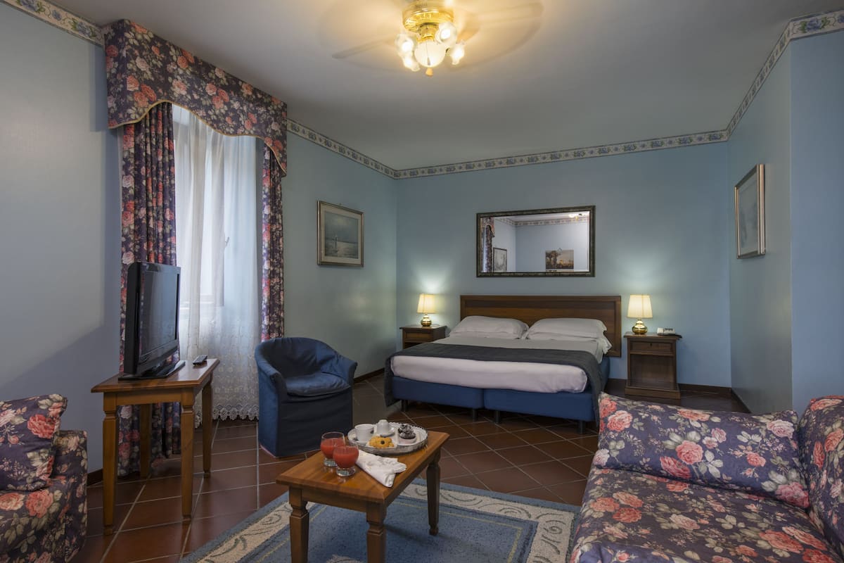 Habitación de hotel con cama, televisión, una silla, una mesa con desayuno y un espejo.