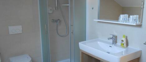 Un baño moderno con ducha de vidrio, lavamanos blanco y un inodoro.