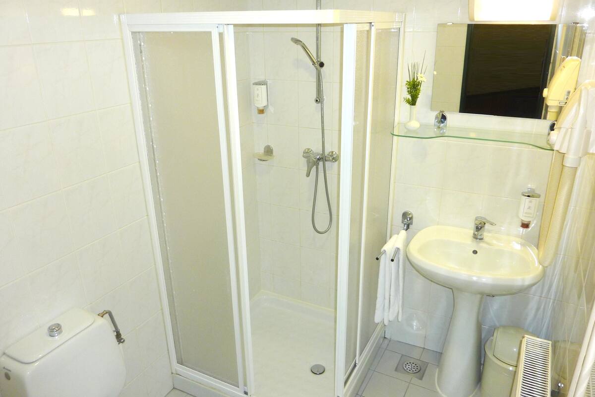 Un baño con cabina de ducha de vidrio, un lavabo e inodoro.