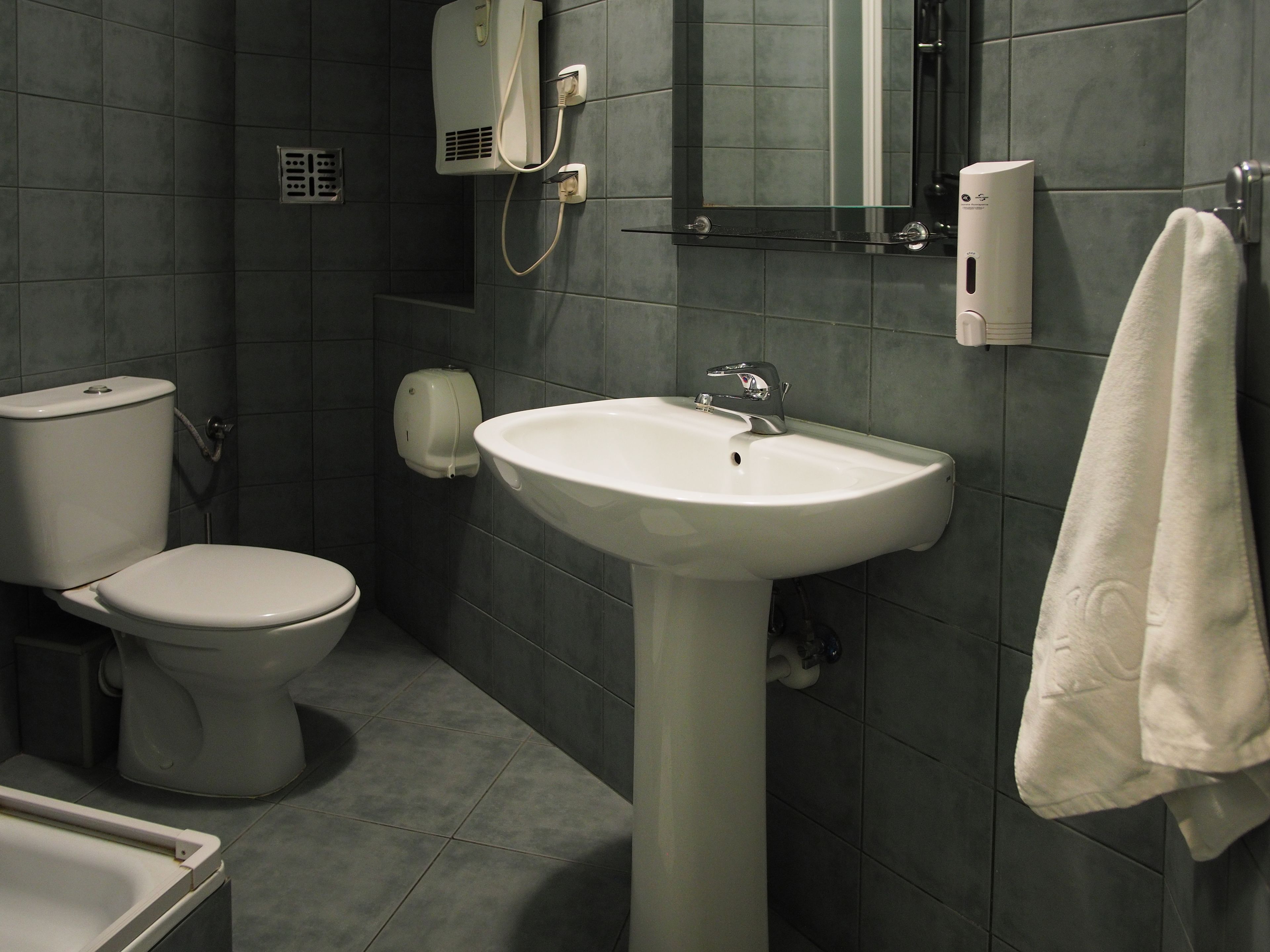 economy twin room | bathroom | shower, hair dryer, towels