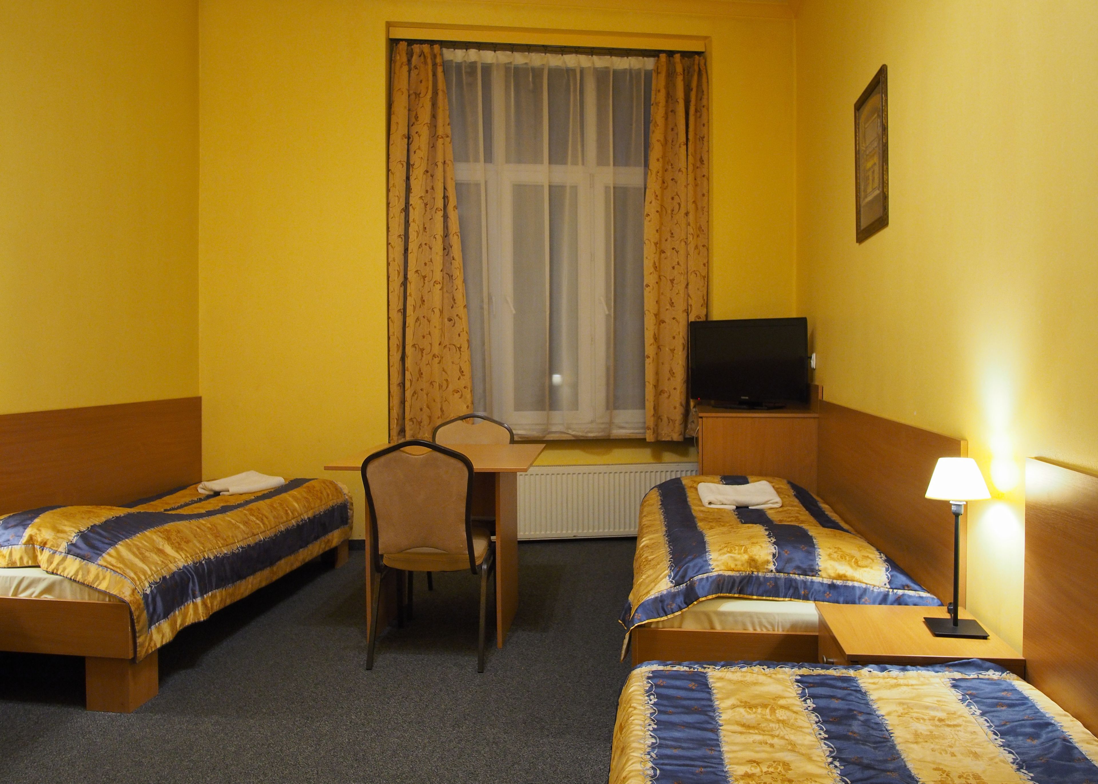 A hotel room with two single beds, a desk, a chair, a television, and a lamp.