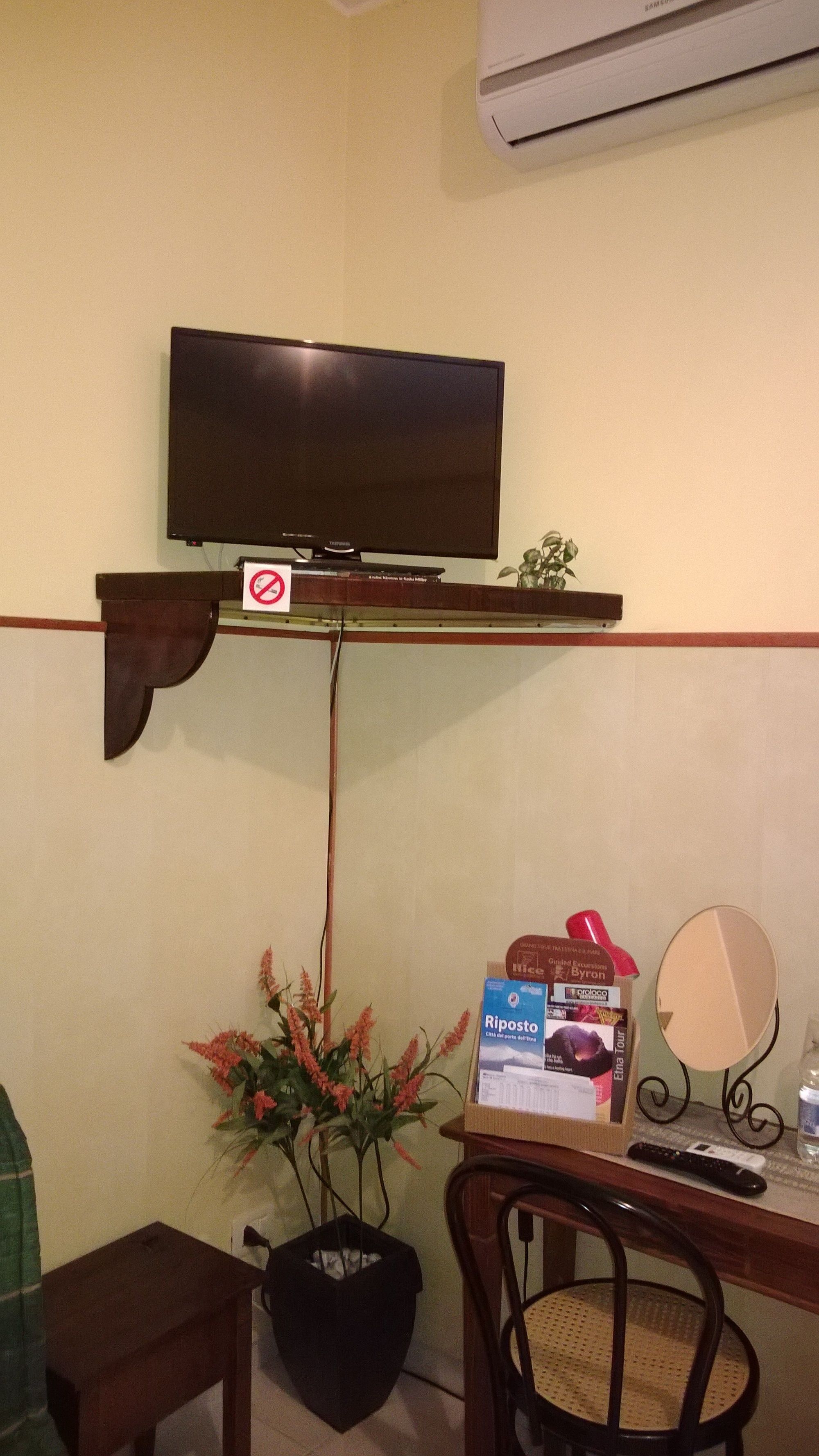 Un téléviseur fixé au mur, une petite plante, une bouteille de vin Riposto, un miroir et une télécommande posés sur une table.