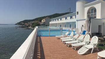 Seasonal outdoor pool, open 9 AM to 8 PM, pool loungers