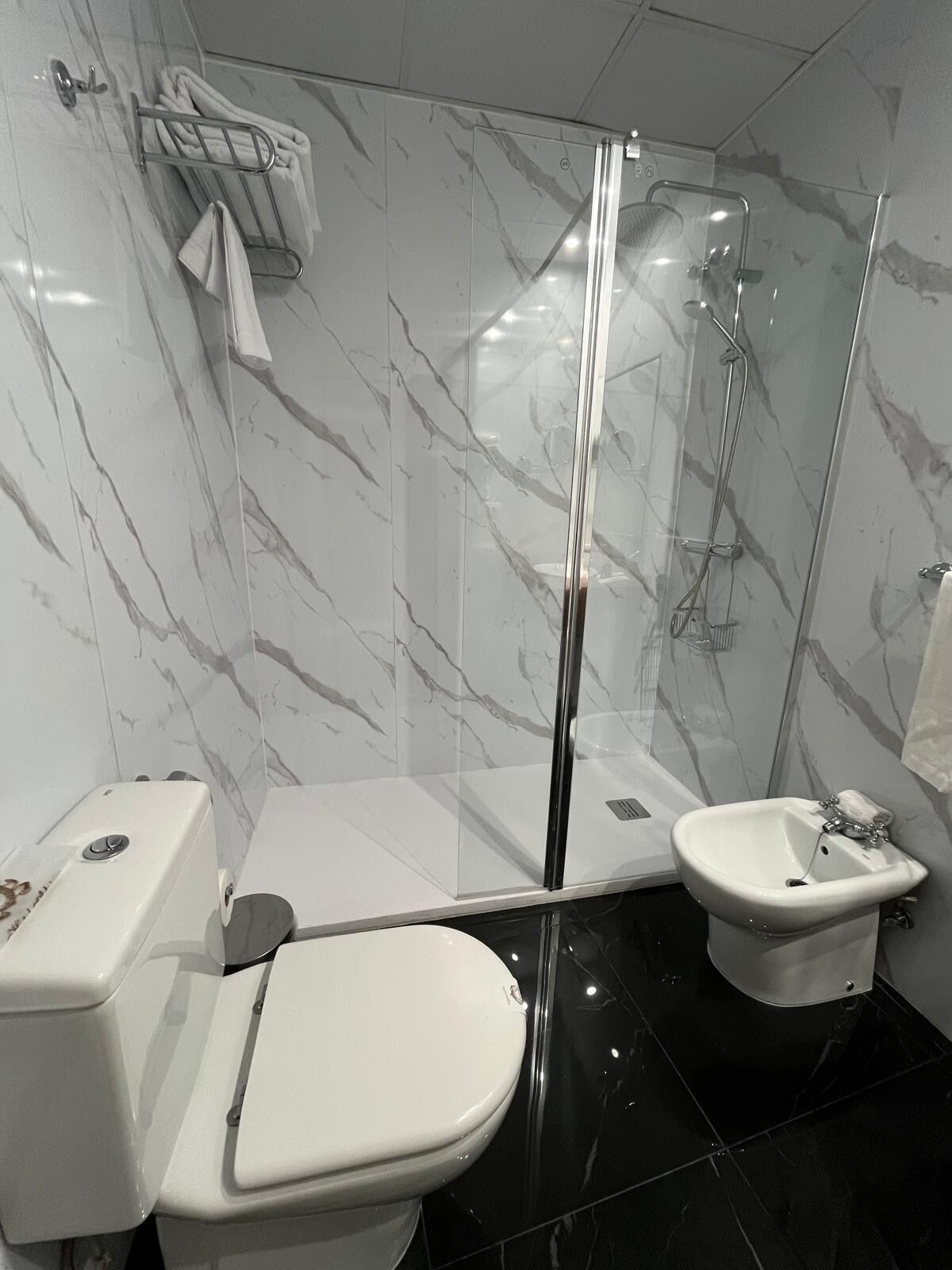 Een badkamer met toilet, bidet en douche met glazen wand.