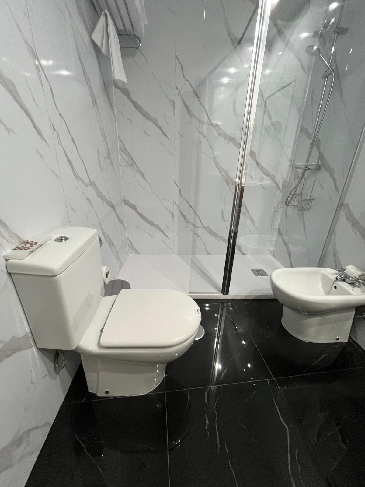 A bathroom with a toilet, bidet, and glass-enclosed shower.