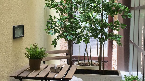 A small outdoor patio with a wooden table and chairs, surrounded by potted plants and a brick wall. - Sangiuliano 114 (Catania)