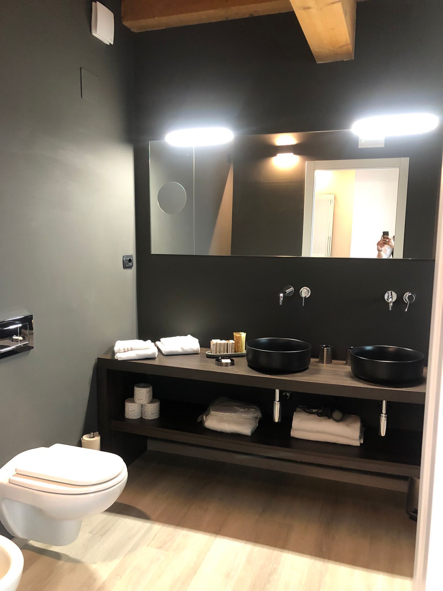 premier suite | bathroom | rainfall showerhead, hair dryer, bidet, towels