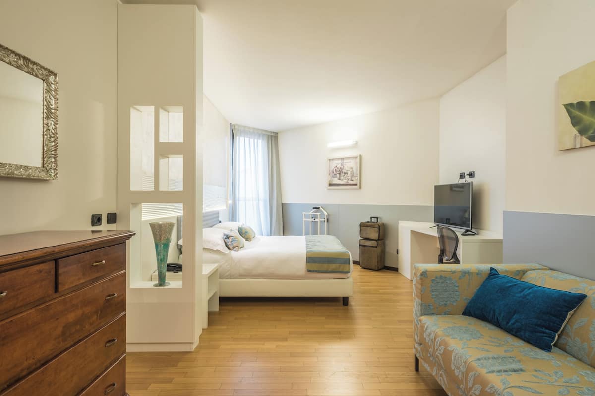 A bedroom with a bed, a dresser, a sofa, a TV, and a desk.