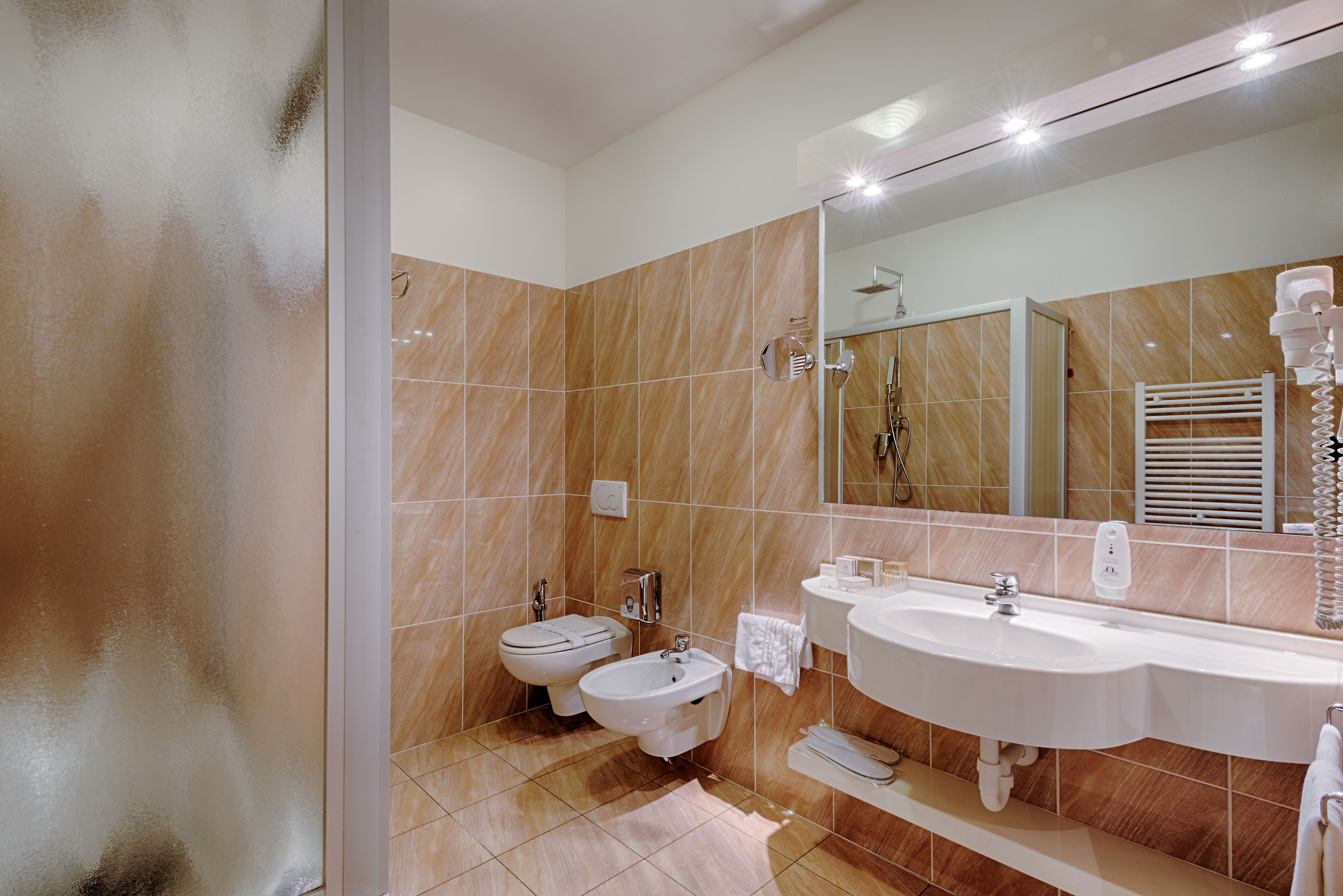 deluxe room | bathroom | rainfall showerhead, hair dryer, bidet, towels