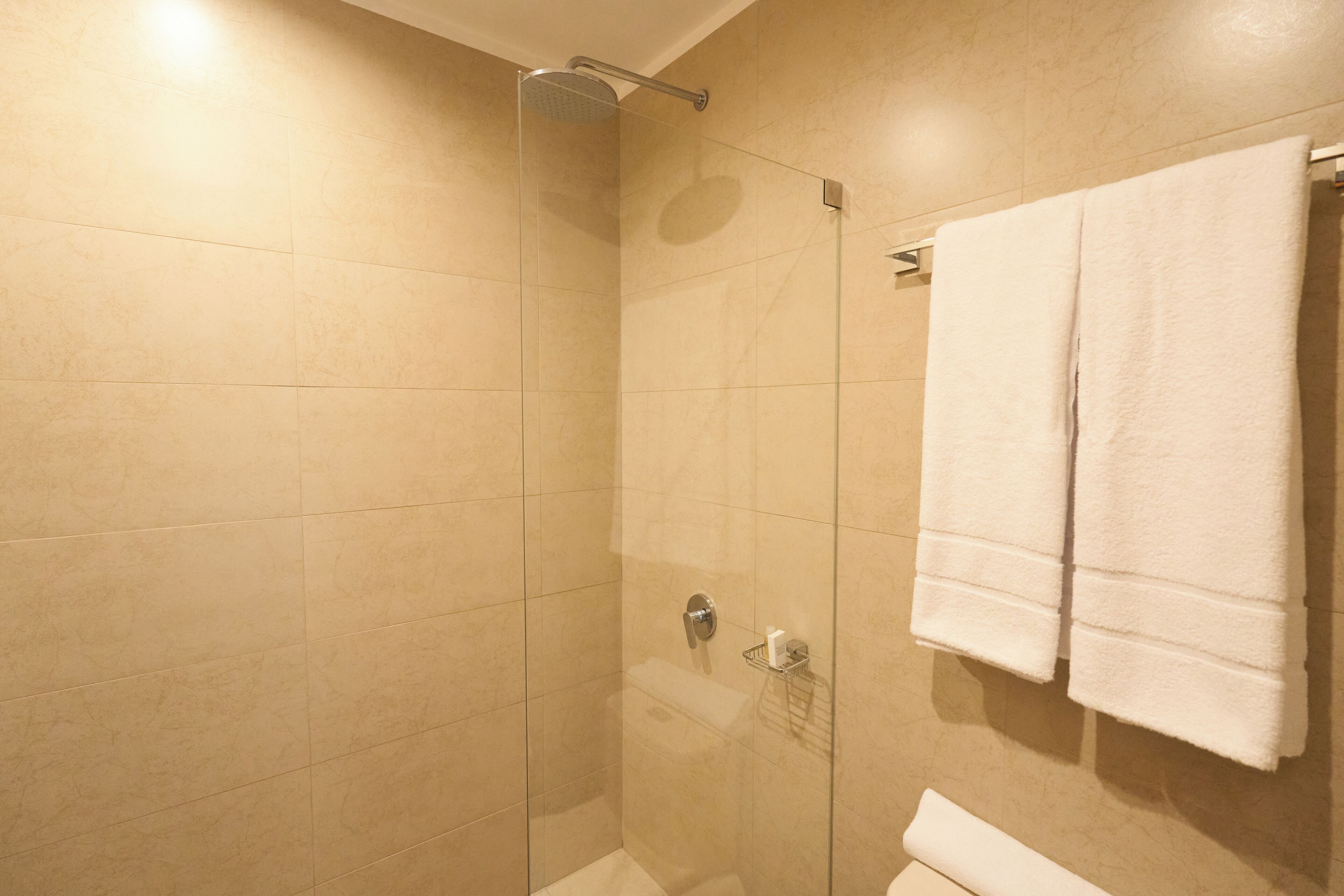 Une douche fermée par des parois de verre, des carreaux de couleur beige, une serviette blanche suspendue à un porte-serviettes et une petite étagère contenant des articles de toilette.