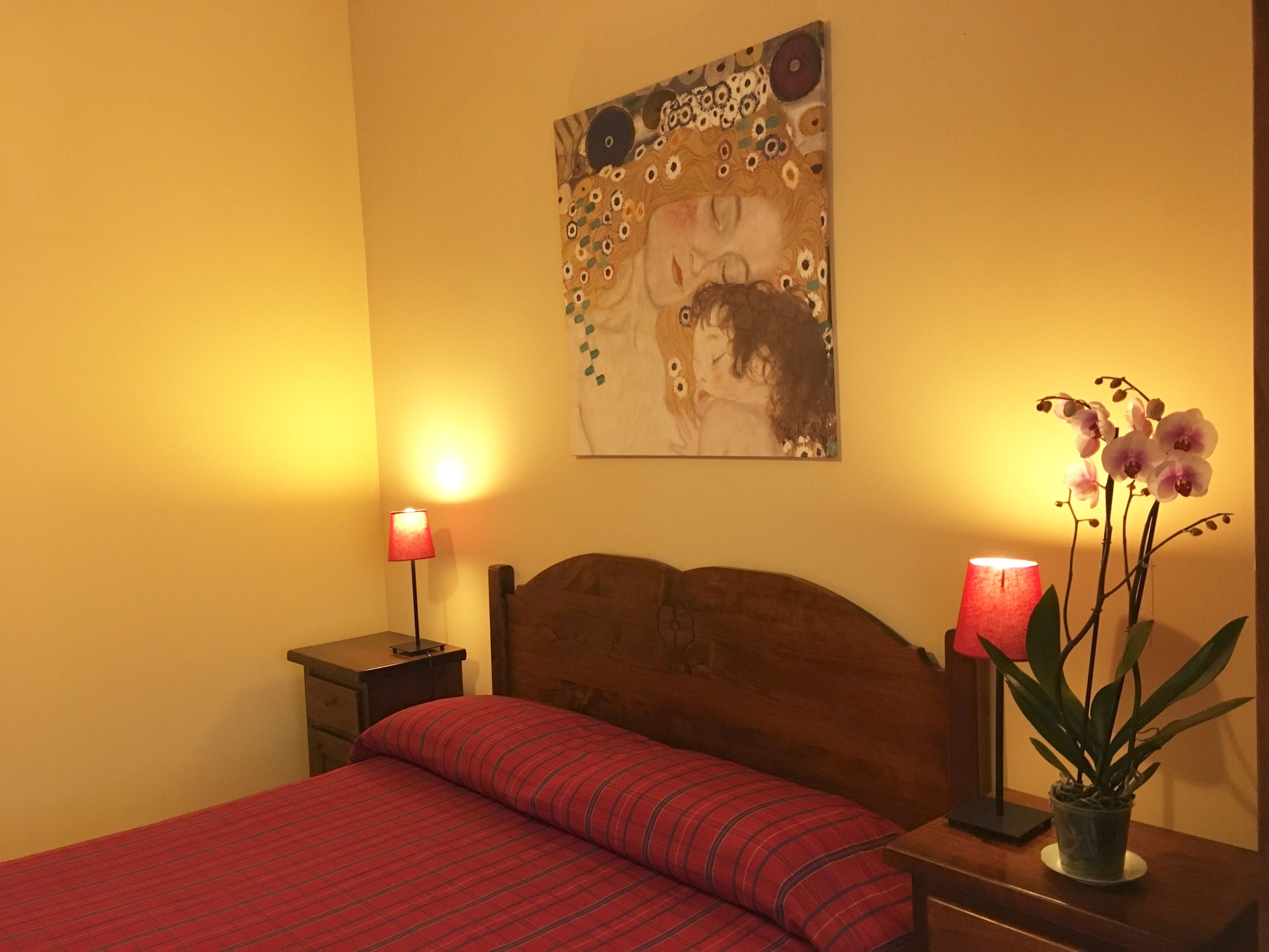 Une chambre à coucher avec une tête de lit en bois, une couvre-lit à carreaux rouges, une table de chevet avec une lampe, un tableau accroché au mur et une plante orchidée.