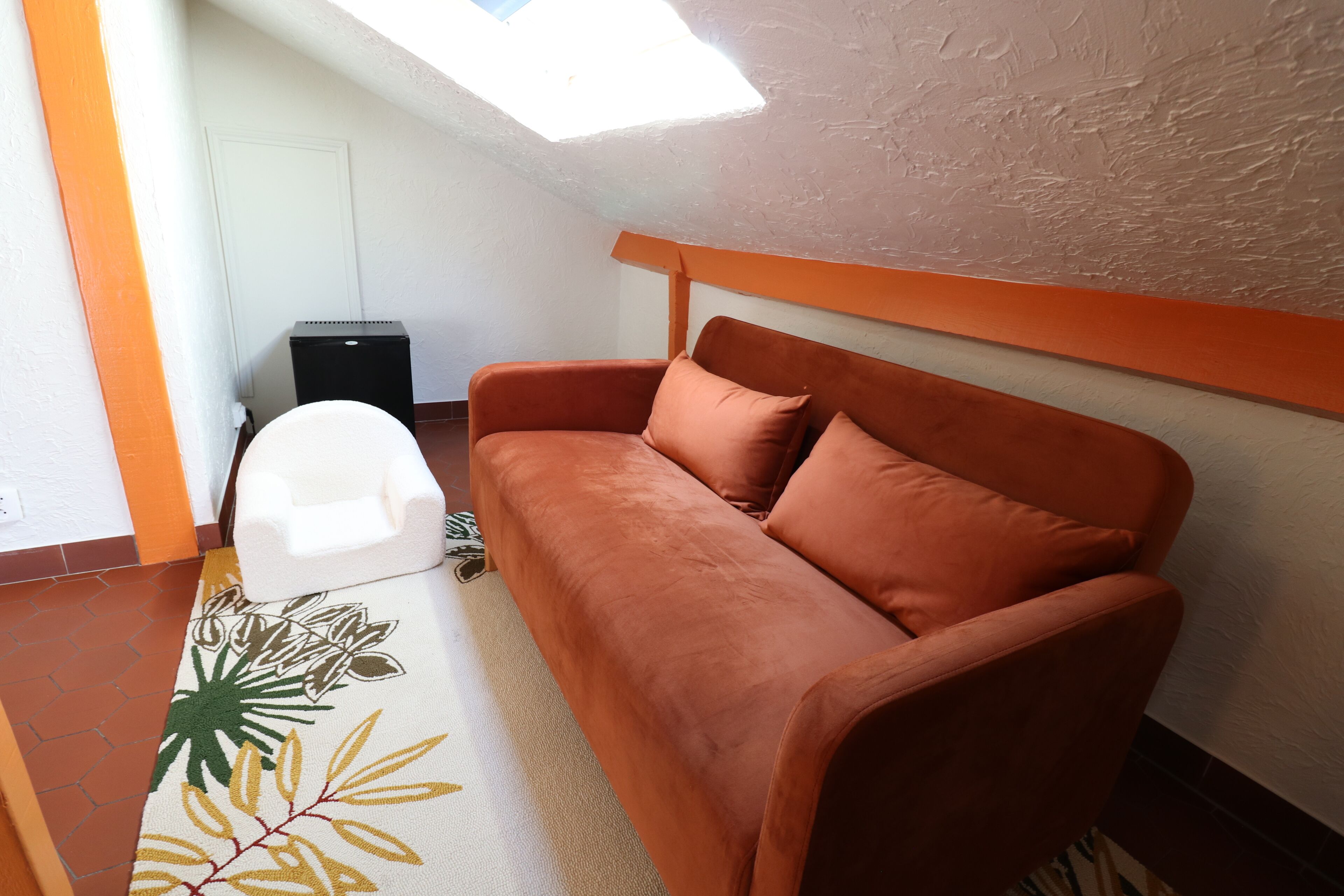 Una habitación con un sofá, una pequeña silla blanca, un tapete estampado y un tragaluz.