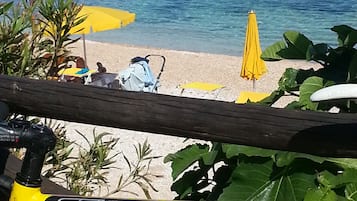 Un vélo jaune avec une gourde et un sac à dos, une plage avec des parasols et des kayaks sur l’eau.