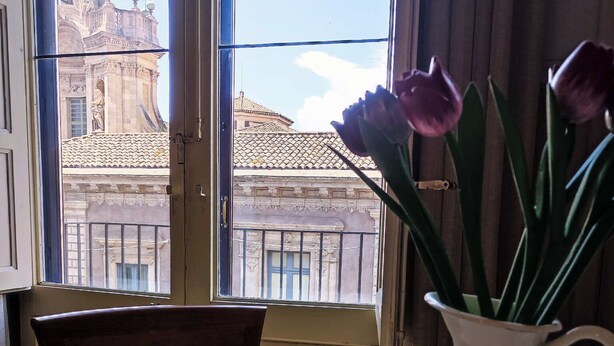 A room with a view of a building through a window, a chair, a table with a white tablecloth, and a white pitcher with green plants. - La Collegiata Guest House (Catania)